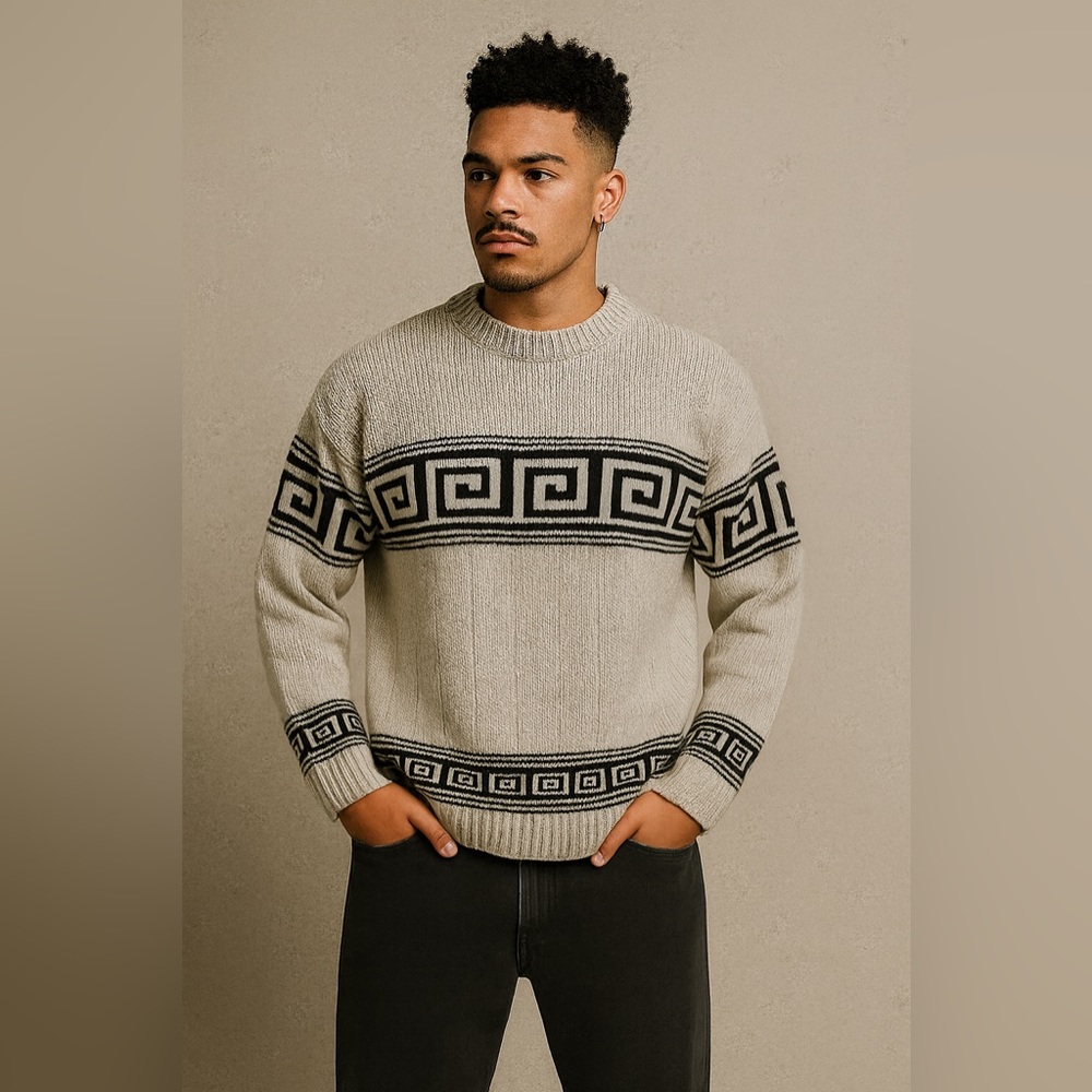 VTG PELETTI Gray Black Greek Key Pattern Streetwear Pullover Sweater—2XL